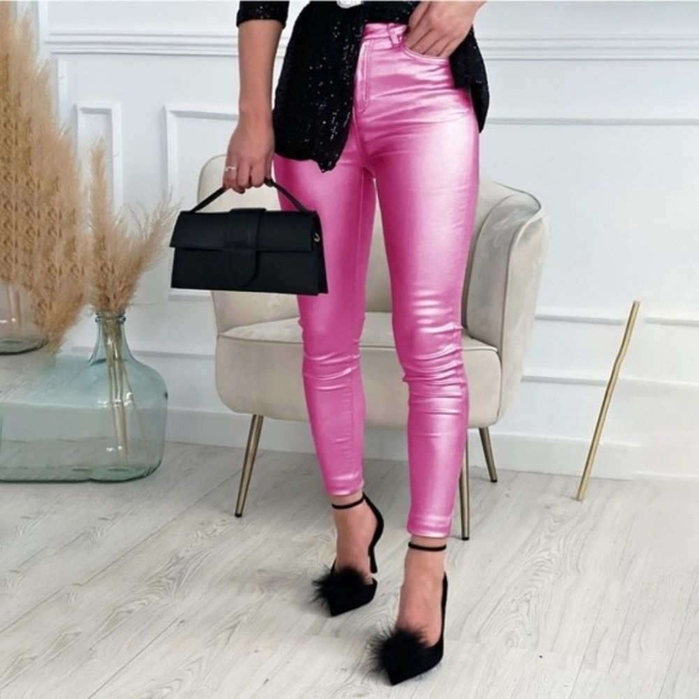 Elite Jeans Skinny Hi-Rise Metallic Shimmer Pink Stretch Jeans Pants Medium NWT